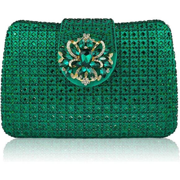 Women's Green Sparkly Rhinestone Unique Evening Floral Clutch Shoulder Handbag - Picture 1 of 6